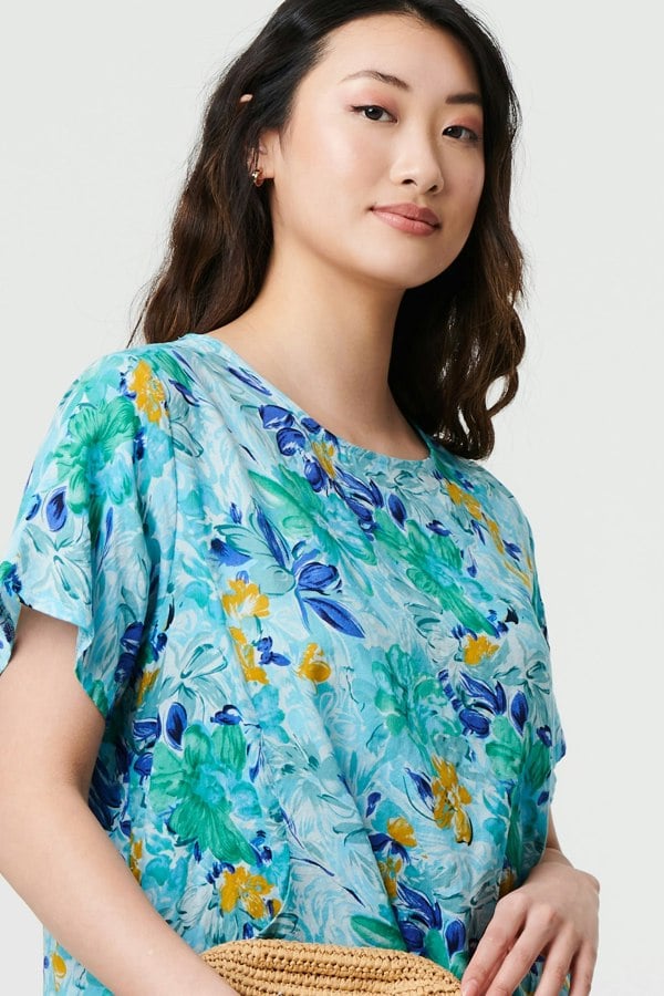 Blue | Floral 1/2 Sleeve Knee Length Shift Dress
