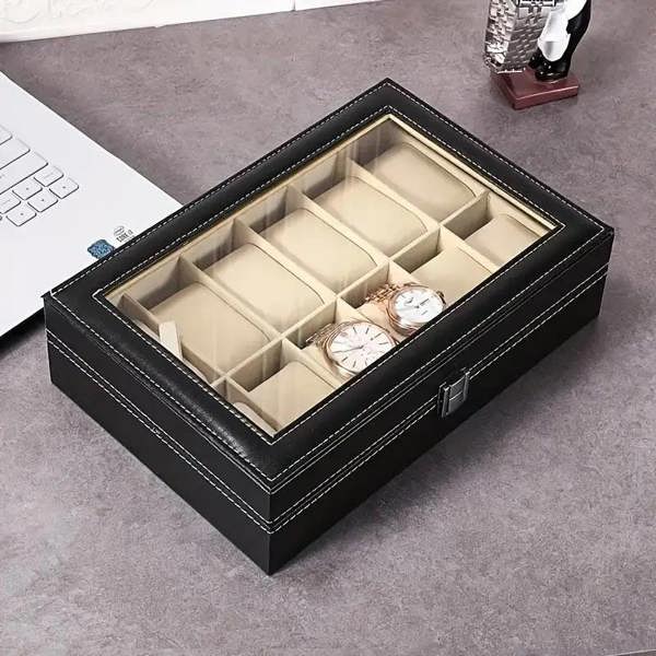 Dyzi 12 Slot Faux Leather Watch Box Transparent Lid Velvet Lined Organiser
