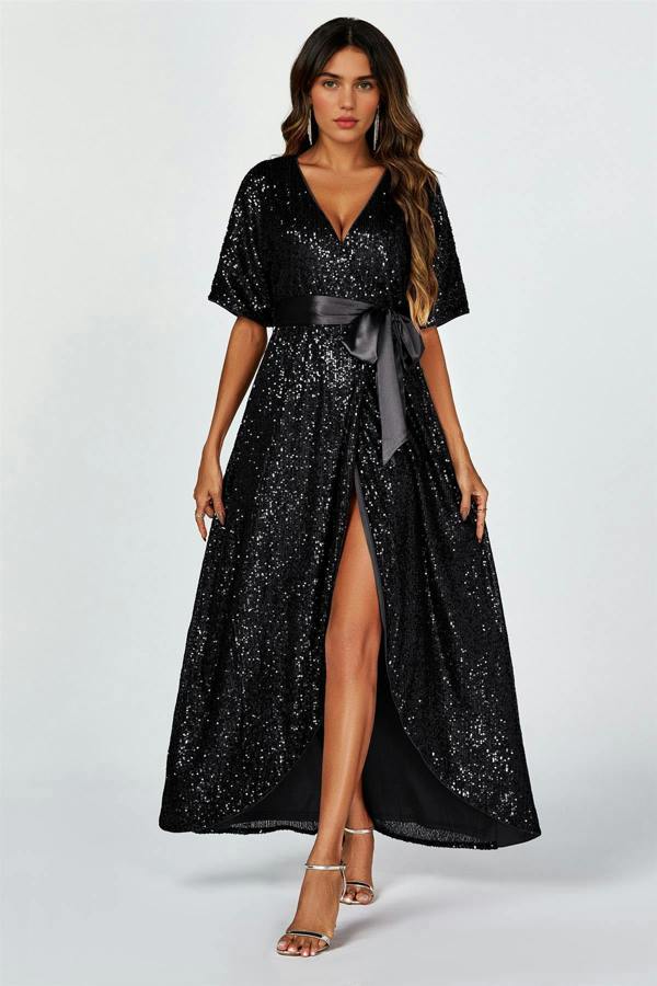FS Collection Wrap Style Sequin Maxi Dress In Black
