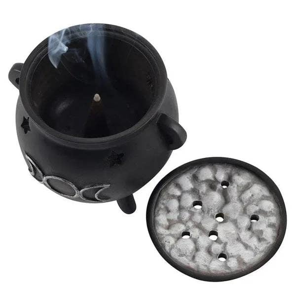 Black cauldron incense holder with removable lid, moon and star detailing