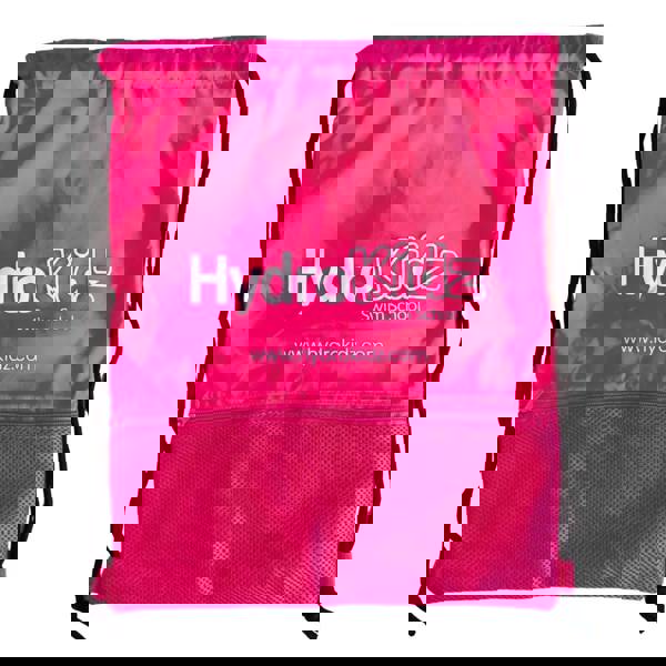 Pink HydroKidz drawstring swim backpack with mesh pocket and logo