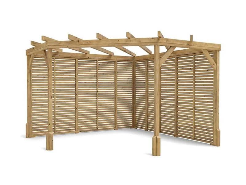Dunster House Wooden Corner Pergola with Slatted Walls & Trellis 3m x 3m Utopia Diamond