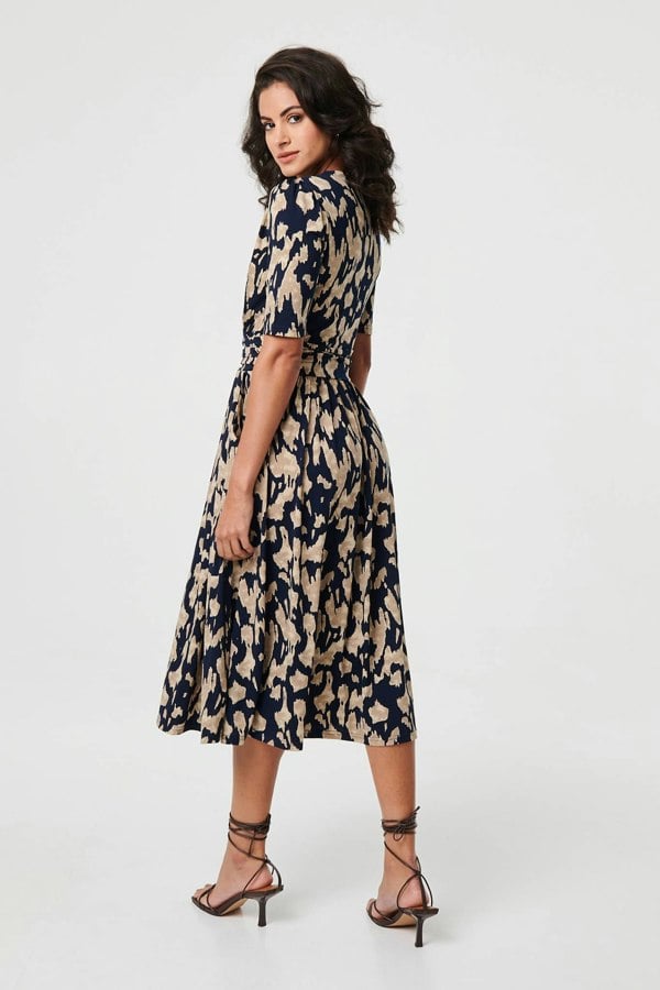 Navy | Printed Ruched 1/2 Sleeve Midi Dress
