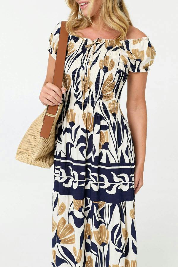 Navy | Floral Short Sleeve Bardot Maxi Dress