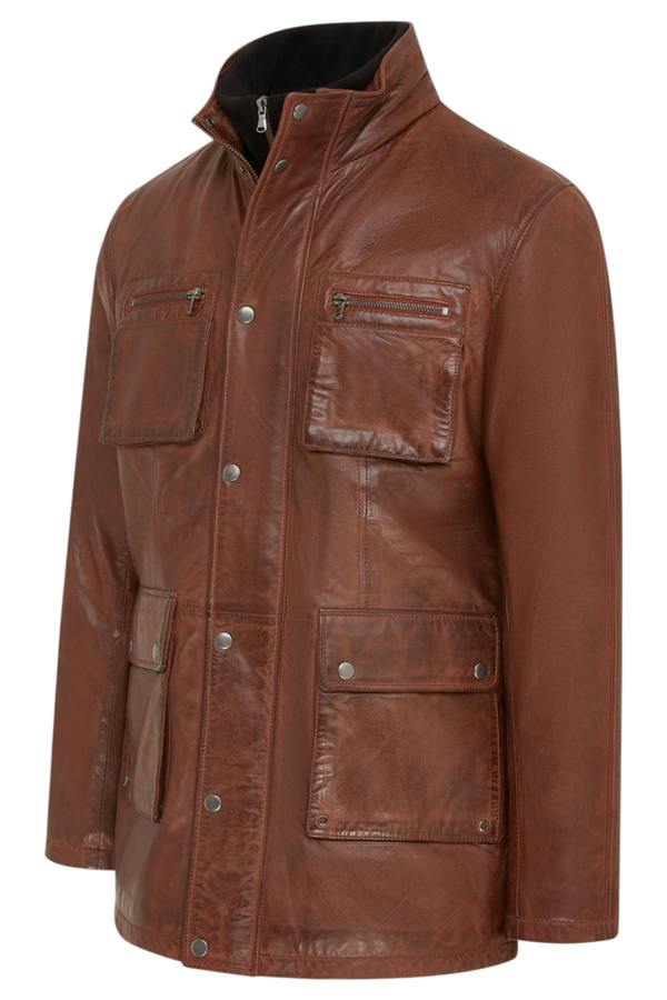Infinity Leather Men’s Leather Military Jacket Outwear Trenchcoat - Field