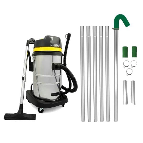 Gutter vacuum poles and a 60L wet and dry vacuum, featuring a stainless steel body, flexible hose, and various attachments for versatile cleaning