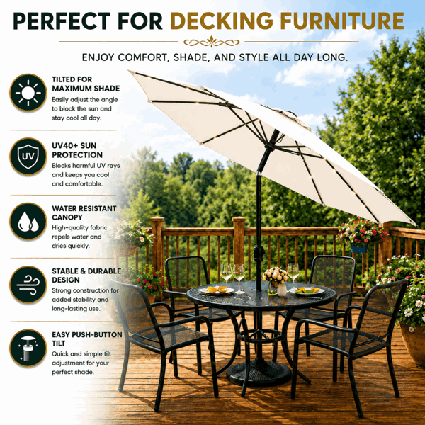 GlamHaus Garden Parasol Solar LED 2.7M ,Tilting Table Umbrella with Crank Handle, Protection UV40, Includes Parasol Cover- Cream