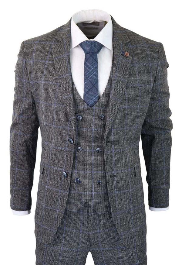 House of Cavani Mens 3 Piece Grey With Blue Check Tweed Vintage Classic Suit