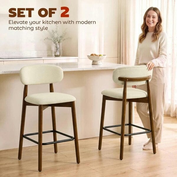 Bar Stools Curved Open Back Padded Seat Footrest Set of 2 for Kitchen Beige