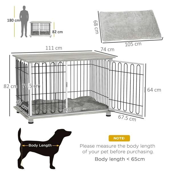 Grey cushioned dog crate furniture end table with dimensions shown and front open door