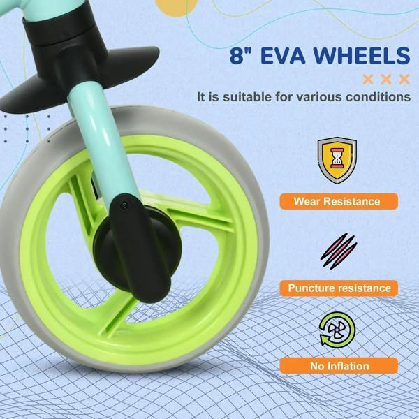 Front wheel close-up on light green kids balance bike with lime EVA tire