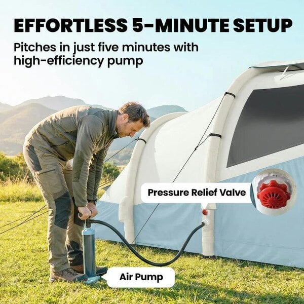 Inflatable Camping Tent w/ Air Pump, Easy Setup 2-3 Person Blow Up Tent, Light Blue