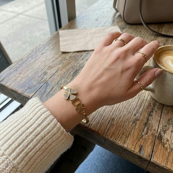 The Colourful Aura 18ct Gold Plated Clear Crystal White Double Flower Floral Open Cuff Bracelet