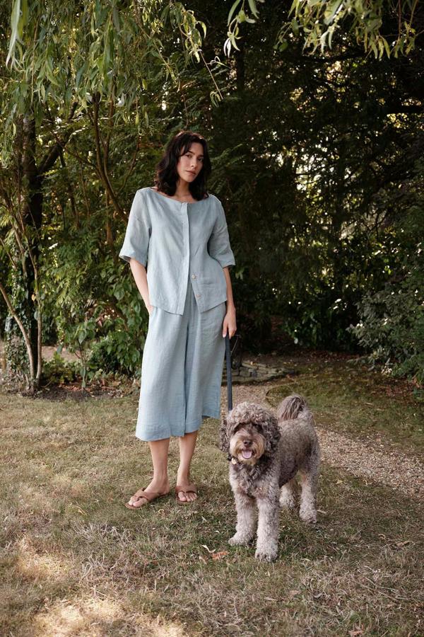 Pretty You London Relaxed Linen Colette Trousers In Blue Haze