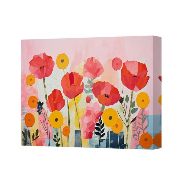 Benjamin Tate Design Floral Canvas Wall Art Pink Garden Print With Bright Red And Yellow Flowers