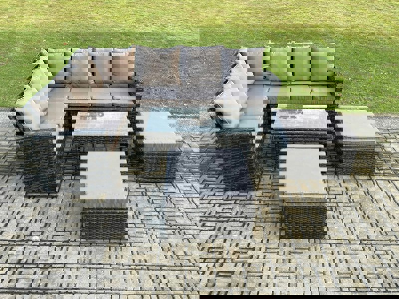 Fimous Outdoor Furniture Garden Dining Set Rattan Corner Sofa Set with 2 Big Footstool Dark Grey Mixed