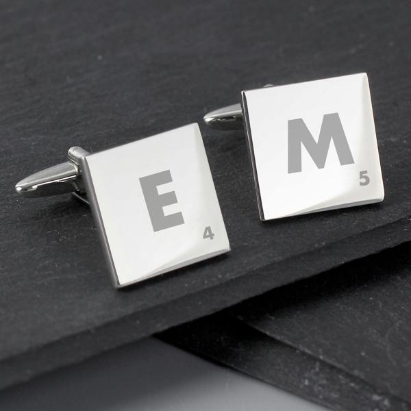 Rhodium-plated square cufflinks engraved with letters E and M and small numbers 4 and 5.