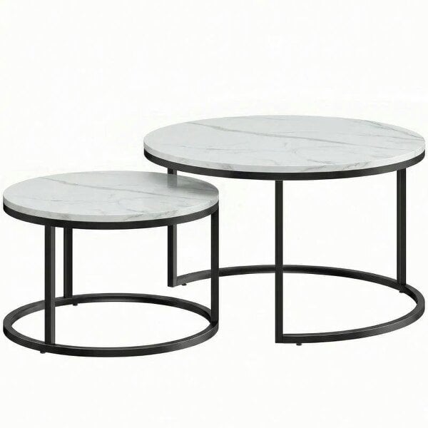 Set of Two Marble-Effect Stacking Tables - White