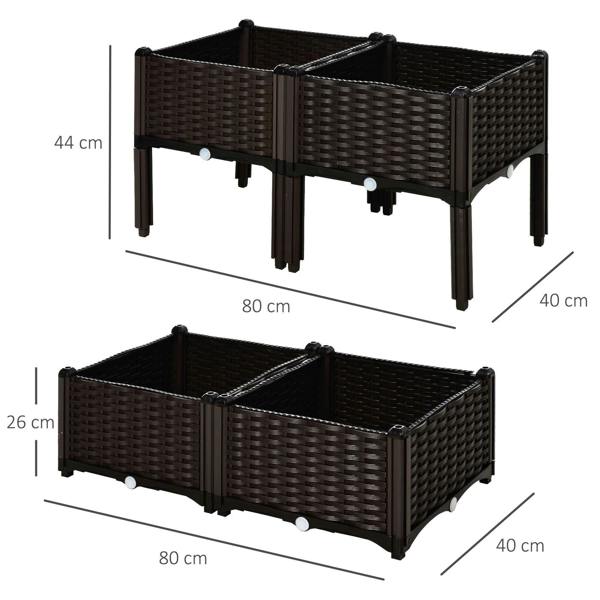Brown raised patio planter box set of 4 with dimensions and double-compartment design