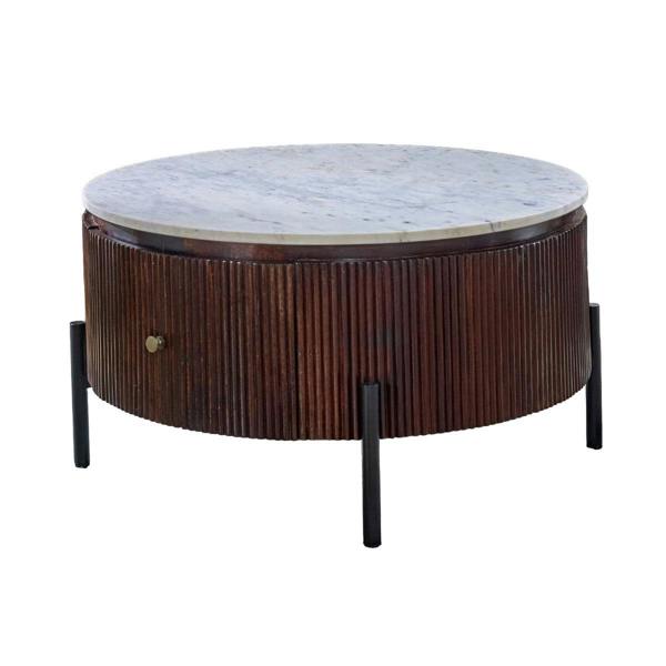 Wyld Haus Alabama Ribbed Mango Wood Round Fluted Coffee Table With Marble Top and Metal Legs