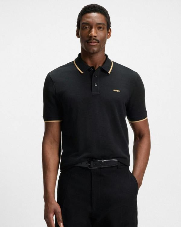BOSS Orange Parlay 190 Mens Cotton-Piqué Polo Shirt with Contrast Tipping - Black - CHO - Designer Mens Polo Shirts