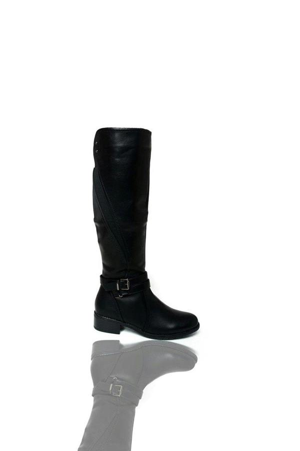 Nina Faux Leather Buckle Knee High Boots - Black