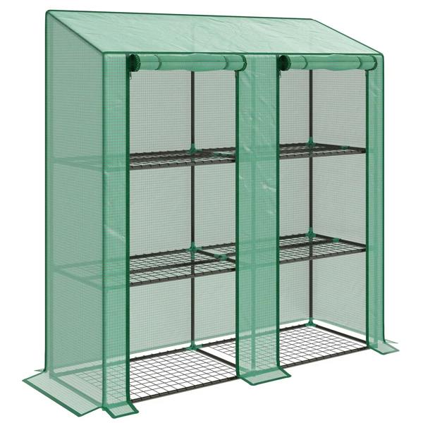 Green mini greenhouse with three wire shelves, clear mesh cover, and front door panels