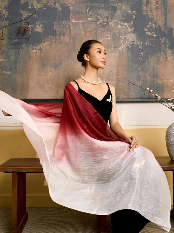 Burgundy Ombre Silk Scarf – Hand-Dyed Mulberry Silk, Wedding Guest & Evening Wrap