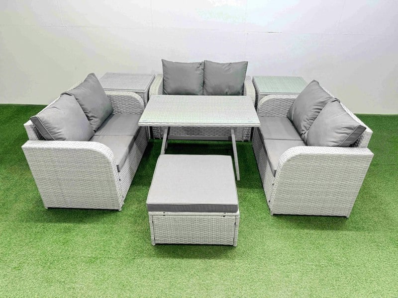 Fimous Rattan Garden Furniture Dining Set 7 seater Patio Rectangular Table Love Sofa Set with 2 Side Tables Big Stool