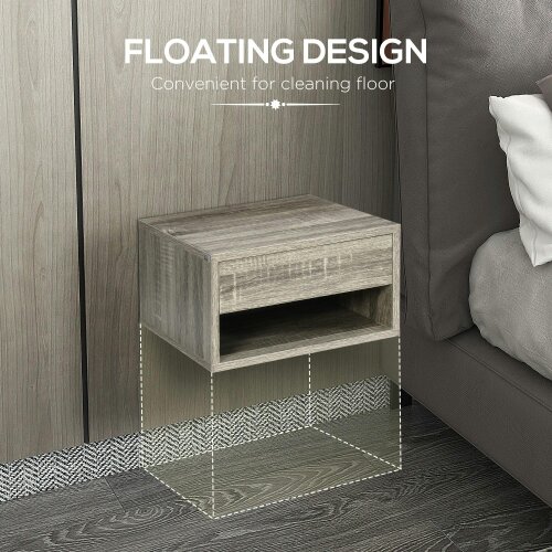 Wyld Haus Rosama Set Of 2 Grey Wood Effect Floating Bedside Tables Wall Mounted 1 Drawer 1 Shelf