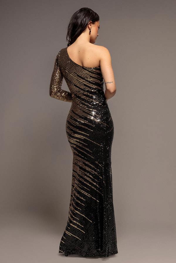 One Sleeve Diagonal Sequin Maxi - Gold DR4008