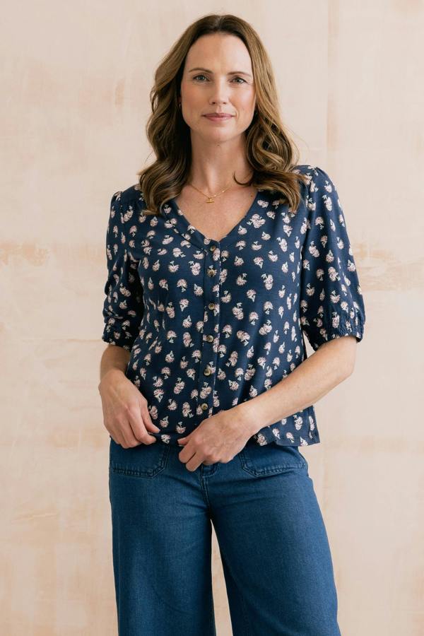 Meadow Blossom Organic Cotton Jersey Blouse Navy