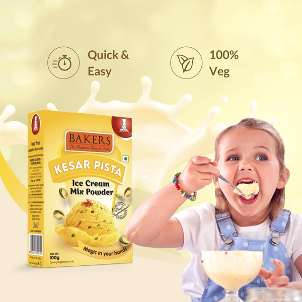 Bakers Kesar Pista Ice Cream Powder Mix, Instant Dessert - 100g
