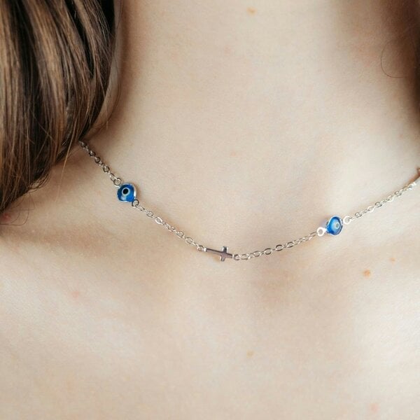 The Colourful Aura Blue Evil Eye Sideways Cross Necklace Minimalist Choker Dainty Protection Choker