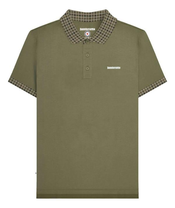 Lambretta Mens Classic Dress Gingham Mod Retro Ska Casual Polo, olive green polo shirt with checkered gingham collar and sleeve accents.