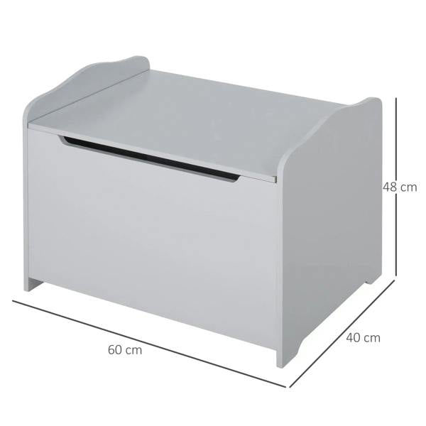 Grey wooden toy box with hinged lid; front and side size measurements shown.