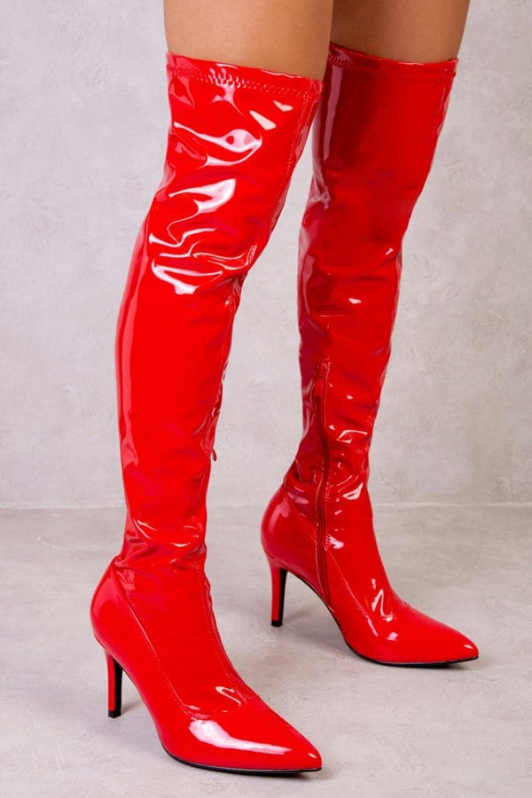 Where's That From Lexi Over the Knee Boots With Stiletto Heels in Red Patent Faux Leather