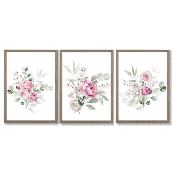 Set of 3 Pink Roses with Eucalyptus Bouquets Framed Art Prints with Light Walnut Frames