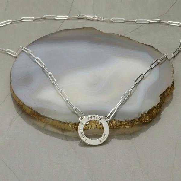 Sterling Silver Paper Clip Link Necklace With Engraved Ring - Love Silver Jewellery