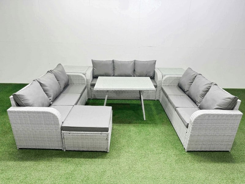 Fimous 10 Seat Outdoor PE Rattan Garden Furniture with Cushions 3 Seater Sofa 2 Side Tables Big Stool Light Grey