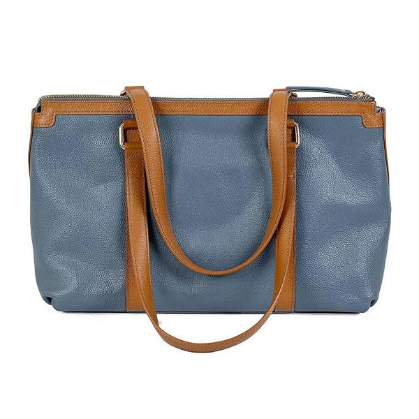 Pia Denim Blue Leather Tote Bag, Laser-Cut Detail with Gold Fittings