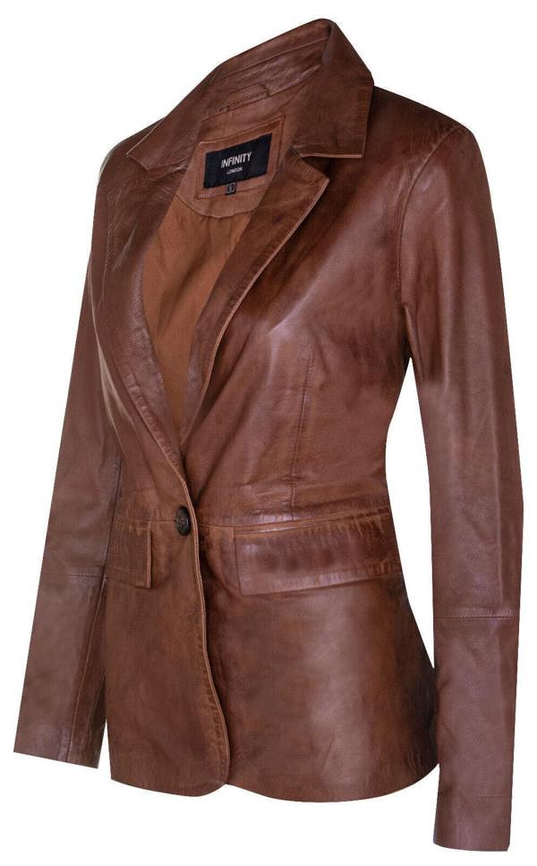 Womens One Button Leather Blazer Jacket-Newhaven - Upperclass Fashions 
