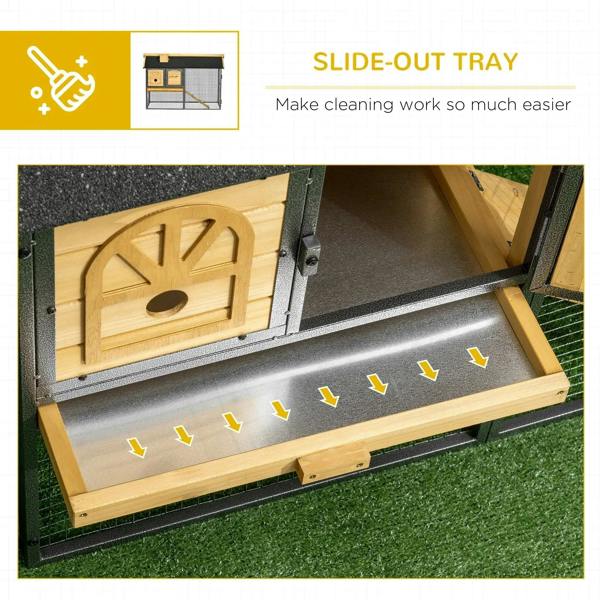 Outdoor rabbit hutch slide-out tray, black wire mesh base, wooden tray rails