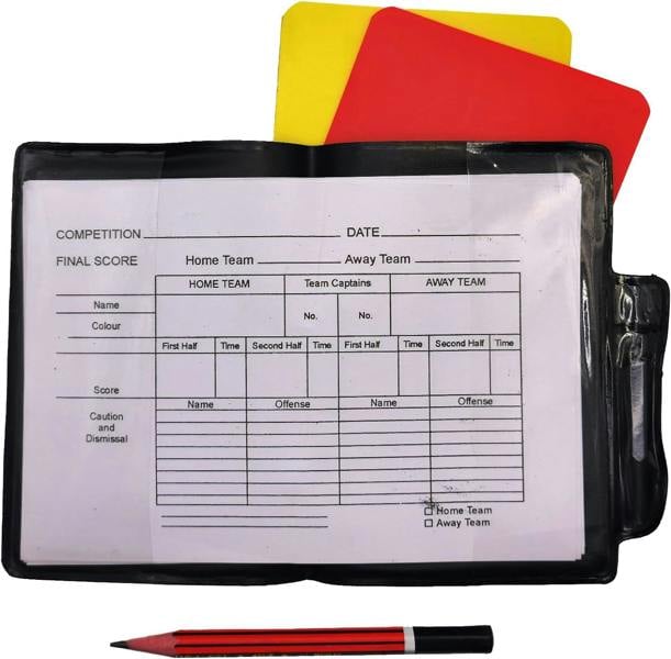 Referee set with yellow and red cards, black scorecard wallet and red pencil on white - Optimum