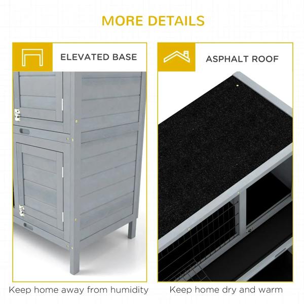 Grey rabbit hutch with elevated base and asphalt-style roof panel over wire run