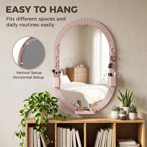 Oval Wall Mirror, 60 x 90 cm Decorative Hanging Mirror with Pegboard Frame, Wall-Mounted, Pink
