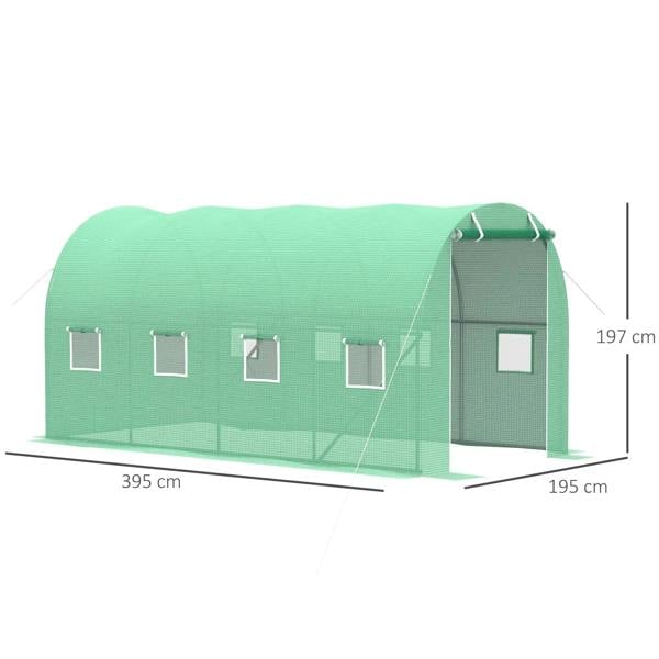 Green walk-in polytunnel greenhouse with roll-up door, side windows, and size markings