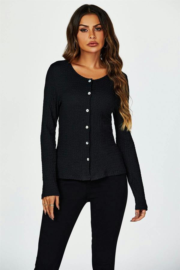 FS Collection Button Down Ruched Stretch Long Sleeves Top In Black