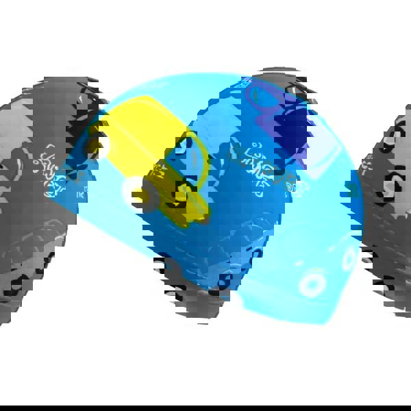 Blue kids helmet with yellow car fun patterns lycra design and Banfex text