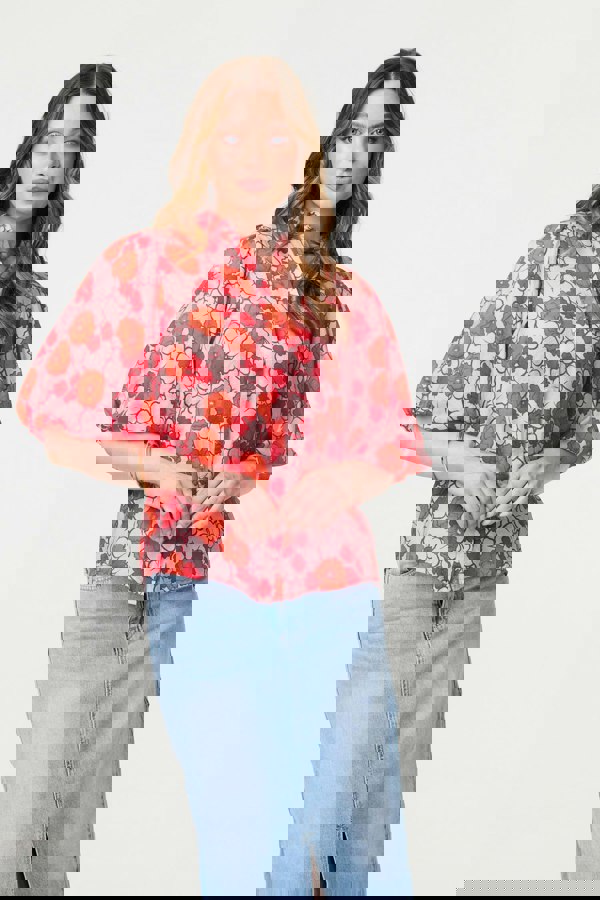 Orange | Leaf Print 1/2 Puff Sleeve Blouse